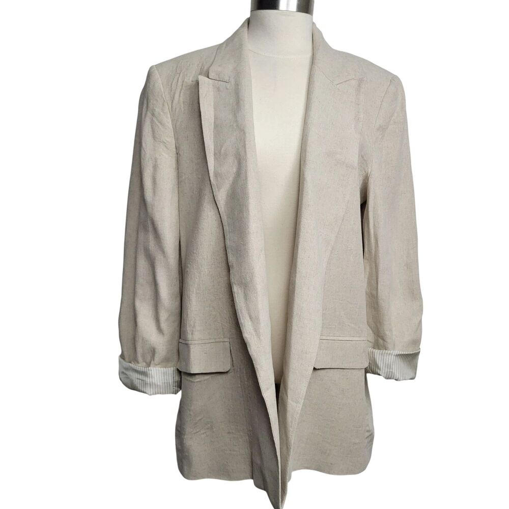 ZARA Beige Linen Blend Long Open Front Blazer Jacket Classic Timeless SIZE XL